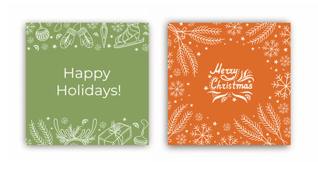 Christmas postcards. Winter Foliage Holiday cards. Wreath with winter decoration items.3