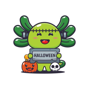 Cute zombie axolotl holding halloween greeting stone. 
Cute halloween cartoon illustration.