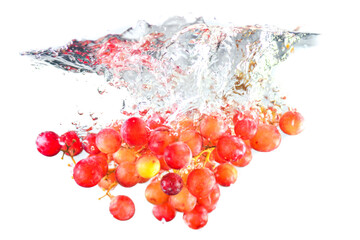 Red grapes in water. Grapes in water splashes isolated. Red Grapes Splashing Into Water on white...