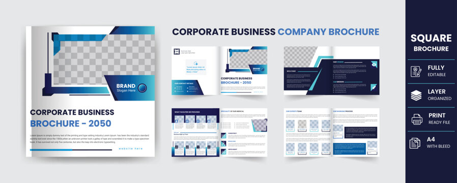 Corporate square business brochure design template 8 pages, annual report and cover page design