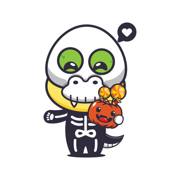 Cute dino with skeleton costume holding halloween pumpkin. 
Cute halloween cartoon illustration. 