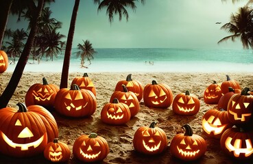 Artistic painting of Halloween pumpkin party AT the tropical Beach, Hawaiian island style - a carved glowing group of pumpkins jack-o'-lantern sitting on a tropical beach at sunrise. 3D illustration - obrazy, fototapety, plakaty