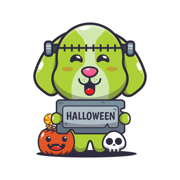 Cute zombie dog holding halloween greeting stone. 
Cute halloween cartoon illustration.
