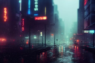 Cyberpunk dystopian cityscape, futurism in a foggy rainy city