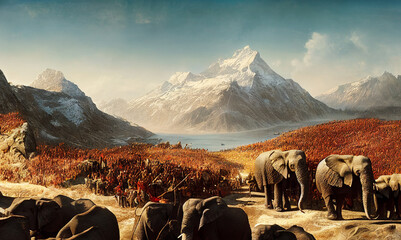Illustration of Hannibal crossing the alps with elephants to the north of Italy, history of the invasion of the carthaginian army, generative ai