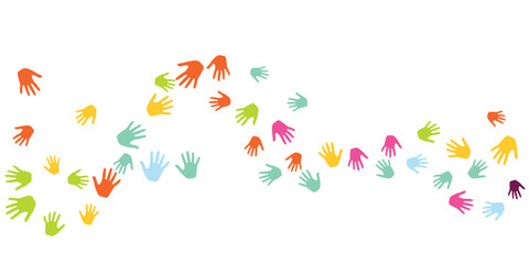 Colorful children handprints art therapy concept background design.