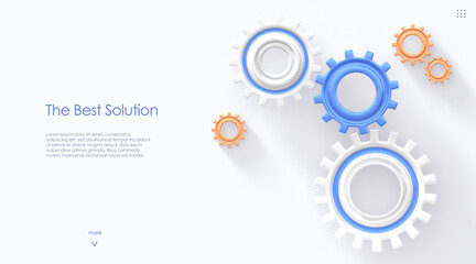 Best solutions isometric landing page 3D render. Engine gears, cogwheels mechanism working process, teamwork cooperation, strategy or innovative development concept, web banner