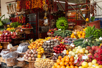Exotic fruits,  fruit and vegetable, market,  market hall  Mercado dos Lavradores , Funchal, ...