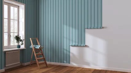 Fotobehang Empty room with white walls and parquet floor, shits of striped blue wallpaper on the wall with copy space. Housework concept © ArchiVIZ