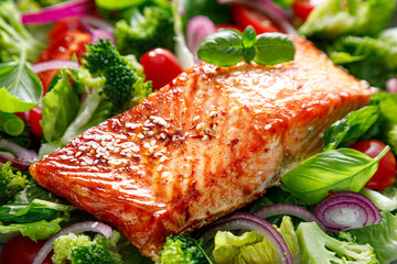 Salmon fish fillet grilled and fresh tomato salad with red onion and broccoli. Healthy food, diet. Ketogenic lunch