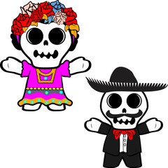 happy hug mexican kid skull cartoon couple pack illiustration in vector art 