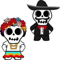 cute mexican kid skull cartoon couple set illiustration in vector format