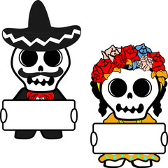 sing board mexican kid skull cartoon couple pack collection illiustration in vector art 