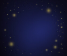 Dark blue background in a magical, technological style with copy space. Space image with translucent golden orange star spots