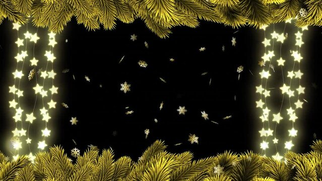 Animation of glowing star lights and golden snowflakes falling, with christmas tree border