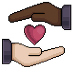 Pixel art white hand and black hand holding heart vector icon for 8bit game on white background