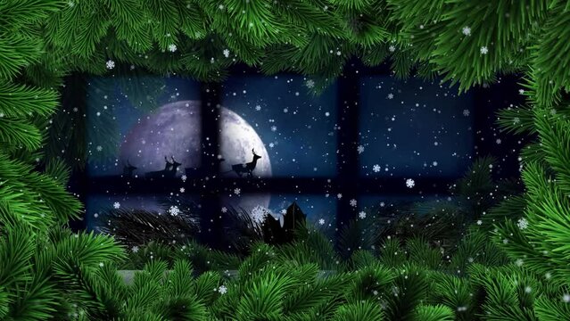 Animation of falling snow over full moon and santa's sleigh, window frame and christmas tree border