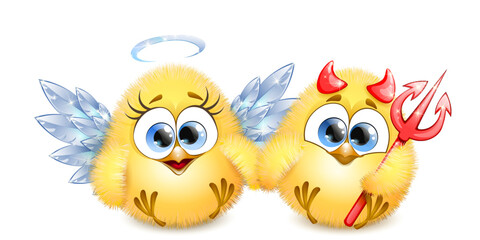 Cartoon Halloween funny little Chicks, sitting in angel and devil costumes, holding hands