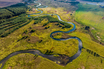 panoramic view from a high altitude of a meandering river in the forest