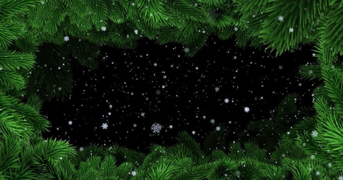Animation of falling white snowflakes with black background and christmas tree border
