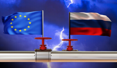 Problems of the gas pipeline between Europe and Russia. Termination of gas supplies from the Russian Federation to the European Union.   flags of the European Union and Russia. 3d image - obrazy, fototapety, plakaty