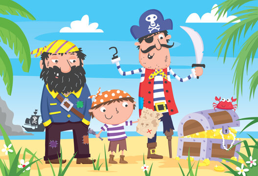 Pirates on the beach with map and treasure chest full of gold.