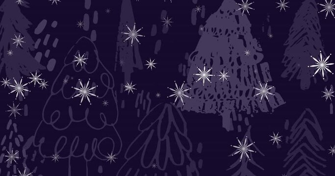 Animation of white christmas snowflakes falling over grey trees on dark background