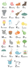 Vector isolated children's alphabet with cute illustrations on a white background.