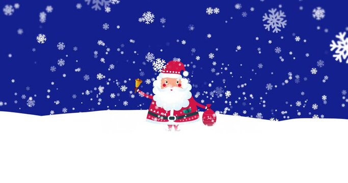 Animation of white snowflakes falling over father christmas standing in snow holding sack and bell