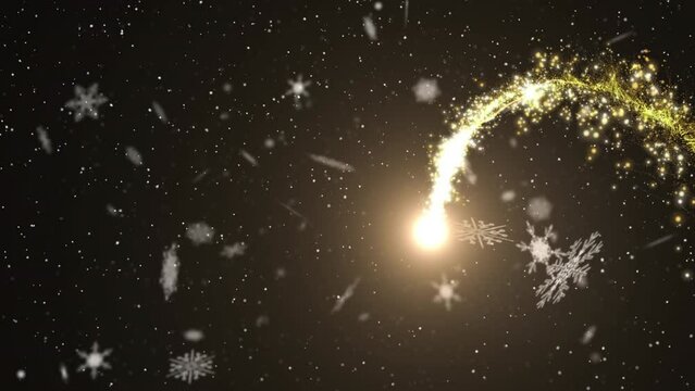 Animation of white christmas snowflakes and shooting stars in night sky