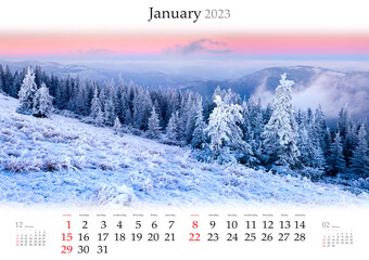 Horizontal wall calendar for 2023 year. January, B3 size. Set of calendars with amazing landscapes....