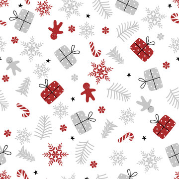 Seamless christmas pattern with gifts, christmas tree, gingermans, snowflakes, candy cane and stars.