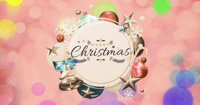Animation of merry christmas text on round sign with decorations over colourful light spots