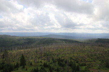 A view to the surrounding landscape with forests and mountains from lookout tower at Polednik, Czech republic