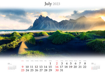 Wall calendar for 2023 year. July, B3 size. Set of calendars with amazing landscapes. Black sand...