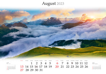 Wall calendar for 2023 year. August, B3 size. Set of calendars with amazing landscapes. Picturesque summer sunrise in Italian Alps. Dolomites, Italy. Monthly calendar ready for print.