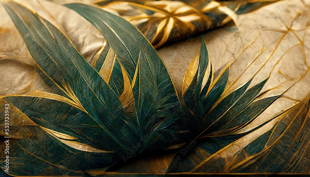 Sticker Gold and green tropical leaves pattern on rough beige fabric closeup. Palm leaves, gold, black. Exotic decor of material for sewing. Floral style, 3d artwork