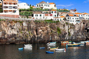 C&acirc;mara de Lobos ,colorful fishing boats in the harbour,  old fishing village,  south coast,  Madeira,  Portugal,  Europe
