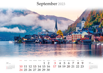 Wall calendar for 2023 year. September, B3 size. Set of calendars with amazing landscapes. Foggy...