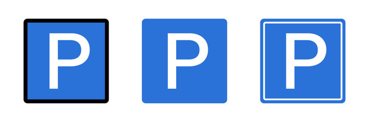 Set of square parking lot sign icons in different styles. Car parking. Vector.