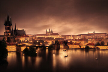 Obraz premium nighttime city steampunk city with lights perfect reflection Digital Art Illustration Painting Hyper Realistic, Prague