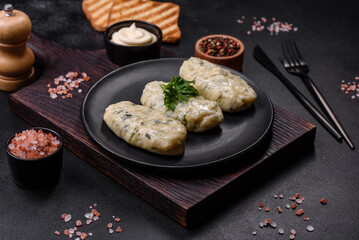 Traditional Lithuanian dish zeppelin, boiled potato dumplings stuffed with minced meat