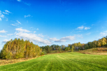 Landscape autumn field with colourful trees, autumn Poland, Europe and amazing blue sky with clouds, sunny day