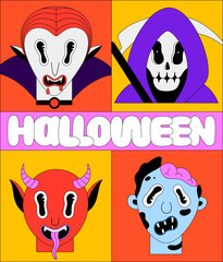 Halloween holiday. Colorful spooky fantasy characters in frames. Vampire Dracula, grim reaper, devil, zombie. Cartoon scary portraits and lettering. Black outline. Poster, print on clothes, postcard