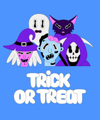 Halloween holiday. Colorful spooky fantasy characters on blue background. Witch, zombie, grim reaper, ghost, cat. Trick or treat lettering. Cartoon scary portraits. Poster, print on clothes, postcard