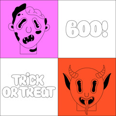 Halloween holiday. Black spooky fantasy characters in bright frames. Walking dead, devil. Boo and trick or treat lettering. Cartoon scary portraits. Black outline. Poster, print on clothes, postcard