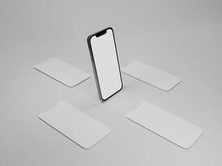 Realistic smartphone mockup 3d rendering with blank screen isolated on white background,