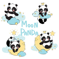 Hand Drawn Set Panda and moon Childrens print for pajamas Vector illustration Childish design