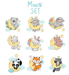 Hand drawn cute animals is sleeping on the moon Set Print design for baby pajamas. Textile illustration. Childish design