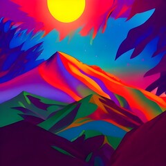 Fototapeta na wymiar Mountain scenery illusion, moody and colorful digital art, space, sun, artstation painting 